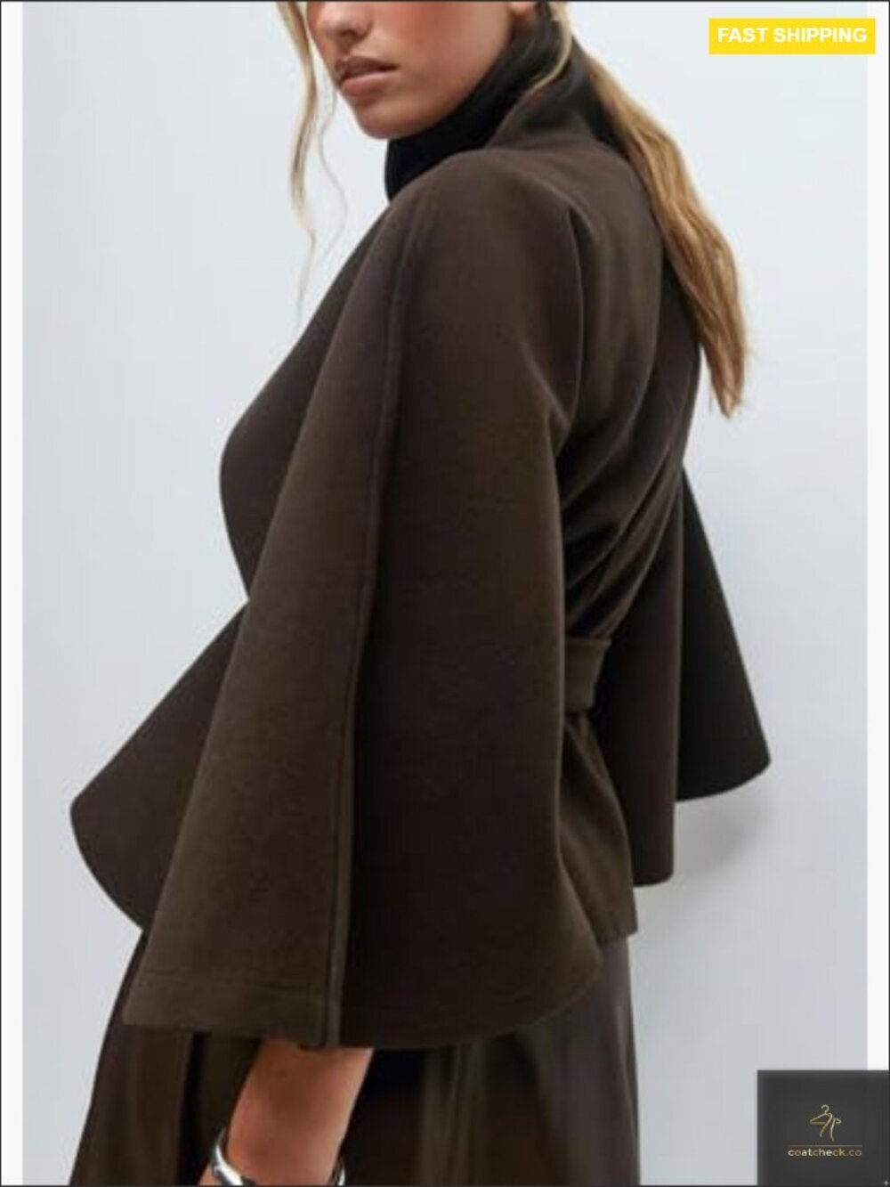 Wool Blend Pea Coat with Batwing Sleeves and Belted Waist Cropped Jacket Winter - Picture 2 of 7